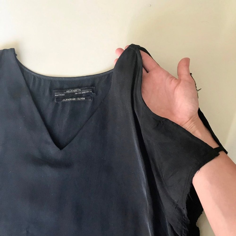 All Saints Japanese Cupro Camile Cold Shoulder Black Shirt Raw Hem Top Size US 6